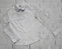 Сорочка-блузка для дівчаток біла з довгими гіпюровими рукавами р 122;134;140;146;152