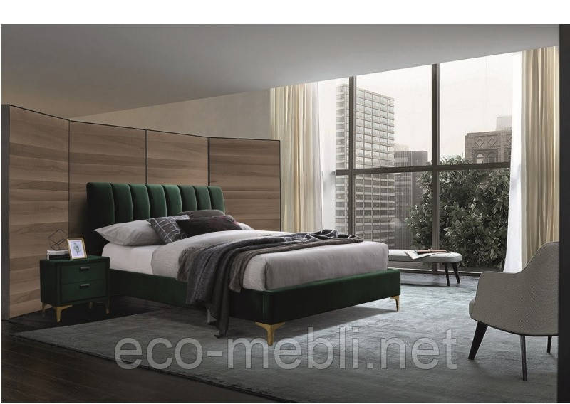 Ліжко двухспальне з мякою оббивкою у спальню Mirage velvet 160x200 зелений Signal, фото 1