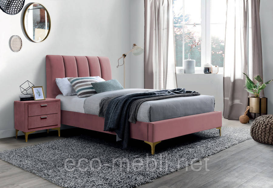 Ліжко односпальне з мякою оббивкою у спальню Mirage velvet 90x200 рожевий Signal