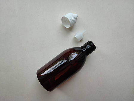 100 - 107 мл з кільцем Круглий ПЕТ флакон коричневий вставка крапельник + кришка з контрольним кільцем 20/410, фото 1