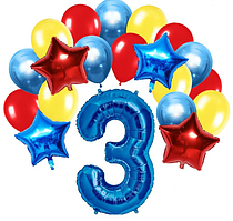 Набір повітряних куль із фольгованою синьою цифрою 3 та зірками 45 см