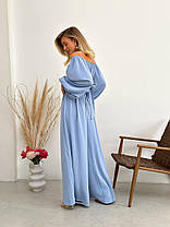 Красивий жіночий костюм Капсула топ з об'ємними рукавами і бантом ззаду та брюки на резинці Df5488, фото 3