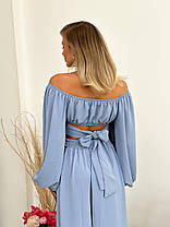 Красивий жіночий костюм Капсула топ з об'ємними рукавами і бантом ззаду та брюки на резинці Df5488, фото 4