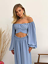 Красивий жіночий костюм Капсула топ з об'ємними рукавами і бантом ззаду та брюки на резинці Df5488, фото 2