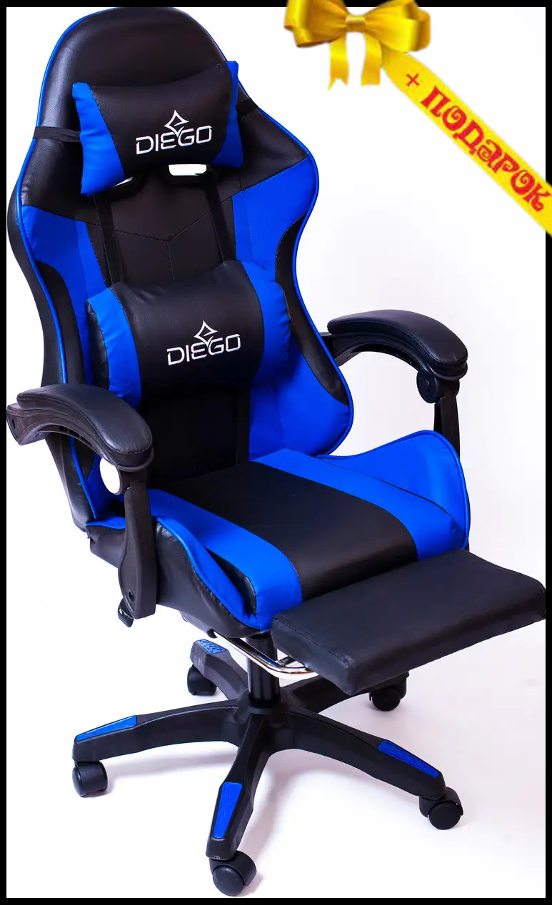 Геймерское кресло синее Diego с подставкой для ног, Профессиональное игровое кресло, Стул компьютерный игровой - фото 1 - id-p1853068681