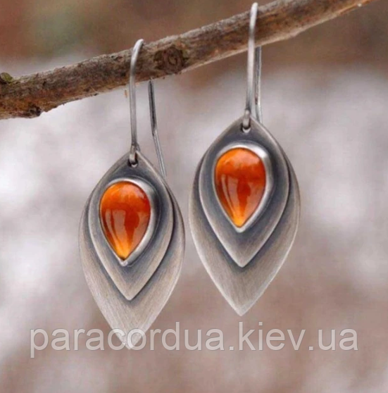 Сережки у вигляді краплини з внутрішньою краплиною та оранжевим каменем
