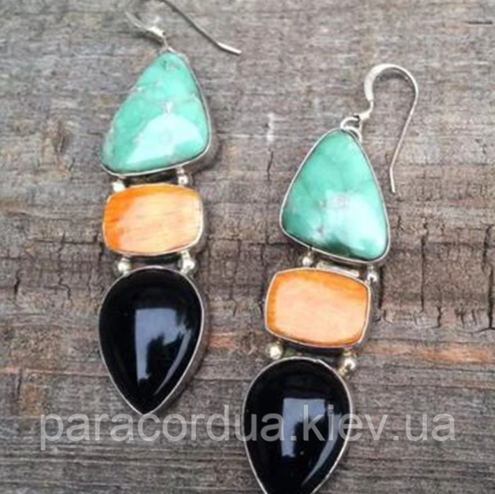 Сережки з трьома каменями та петлевою застіжкою, фото 1