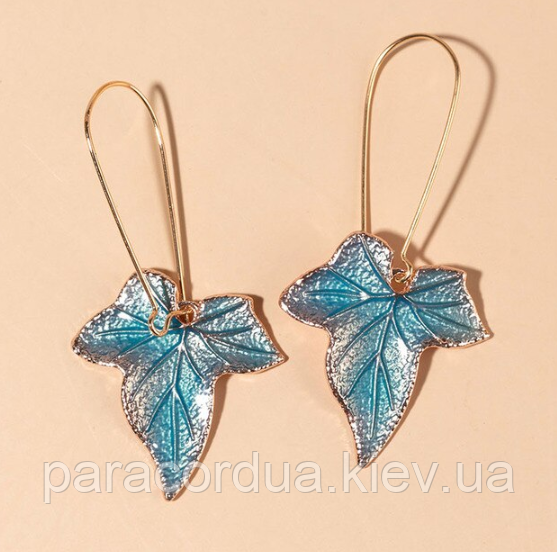 Ексклюзивні сережки у формі листочків з французьким замком, в голубо-золотому кольорі