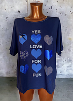 Модная женская футболка, цвет мята и синий, принт сердечки, размер 48,50,52