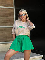 Костюм двойка женский футболка+шорты с принтом бежевый+зеленый