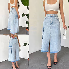 Жіноча трапецієподібна джинсова подовжена спідниця з накладною кишенею