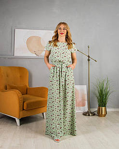 Сукня жіноча довга літня Аліна оливкова з квітковим принтом