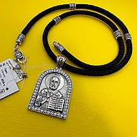 Комплект черненая серебряная подвеска Святой Николай с шелковым шнурком 925 проба