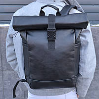 Рюкзак рол-топ унісекс з еко-шкіри із секцією для ноутбука. Колір чорний