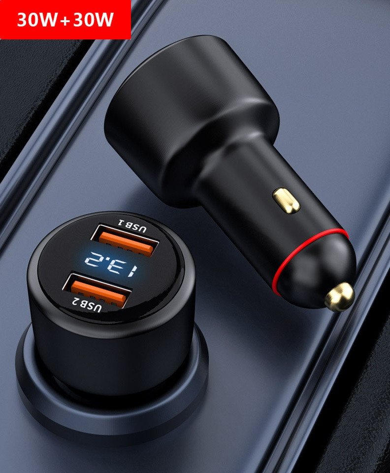 Зарядка авто в прикурку + Вольтметр 12/24V 2USB (2.4 +1.8A) 30W+30W.OPPO20W.WARP. QC3.0.P6, фото 1
