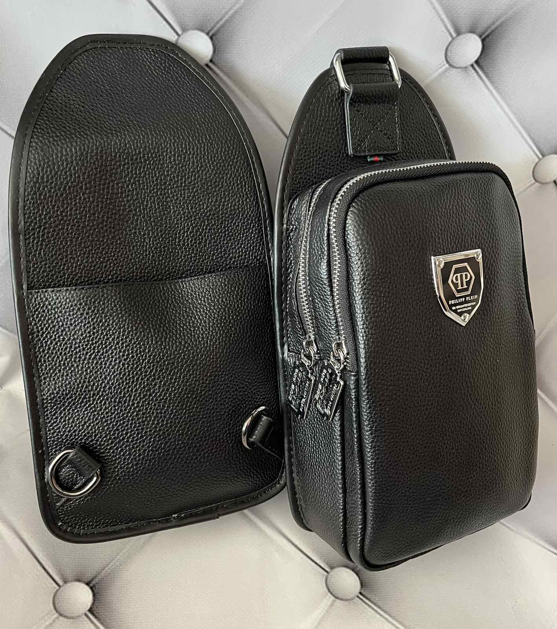 Чоловіча шкіряна сумка, слінг, тканинний ремінь, Philipp Plein, 15*30 см, 931177