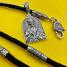 Кулон Святий Миколай Чудотворець із чорним шовковим шнурком на шию срібло 925 проба