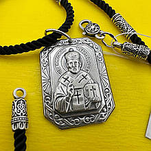Підвіс Святий Миколай Чудотворець з шовковим шнурком із вставками зі срібла 925 проби