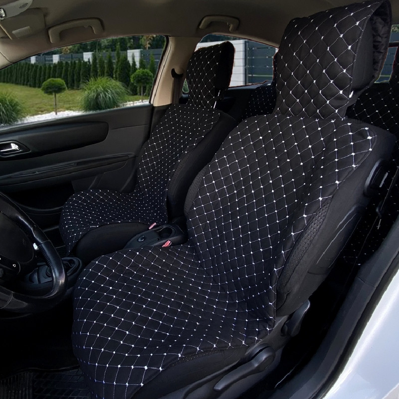 Накидки на сидіння автомобіля з алькантари з підголовником (Екозамша) Чорний біла прошивка Lux Повний комплект