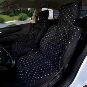 Накидки чохли на сидіння автомобіля з алькантари з підголовником (Еко-замша) Чорні з білою прошивкою Lux 2 шт