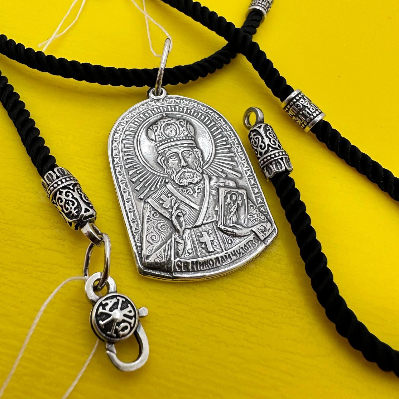 Кулон Святий Миколай Чудотворець підвіс з чорним шовковим шнурком на шию срібло 925 проба