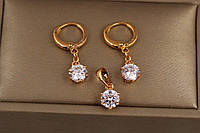 Набір Xuping Jewelry сережки та кулон білі камені 6 мм шість кріплень золотистий