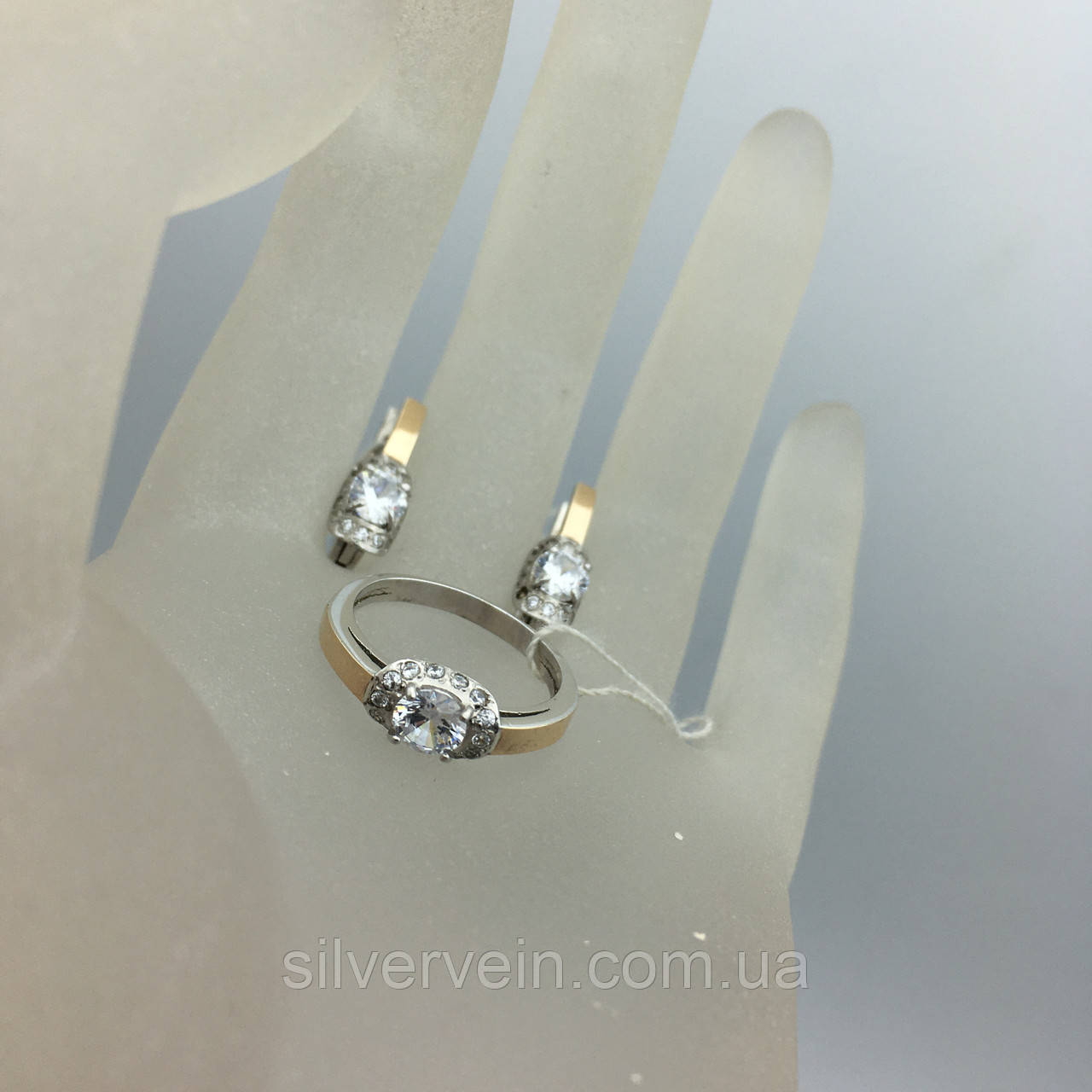 Комплект Срібні сережки з золотими пластинами фіаніт, фото 1