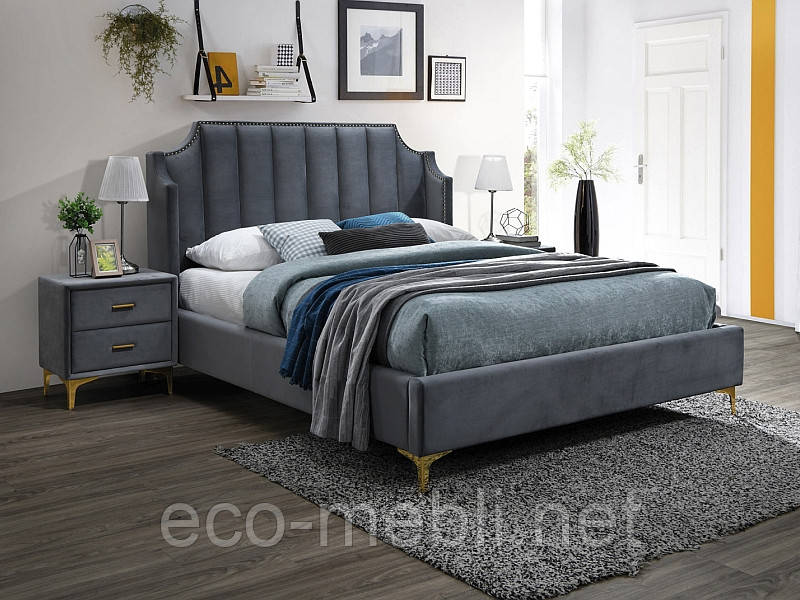 Ліжко двухспальне з мякою оббивкою у спальню Monako velvet 160x200 сірий Signal