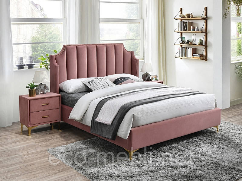 Ліжко двухспальне з мякою оббивкою у спальню Monako velvet 160x200 рожевий Signal
