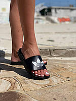 Женские шлепанцы Adidas (чёрные с белым) качественные летние спортивные шлепки 9040 тренд