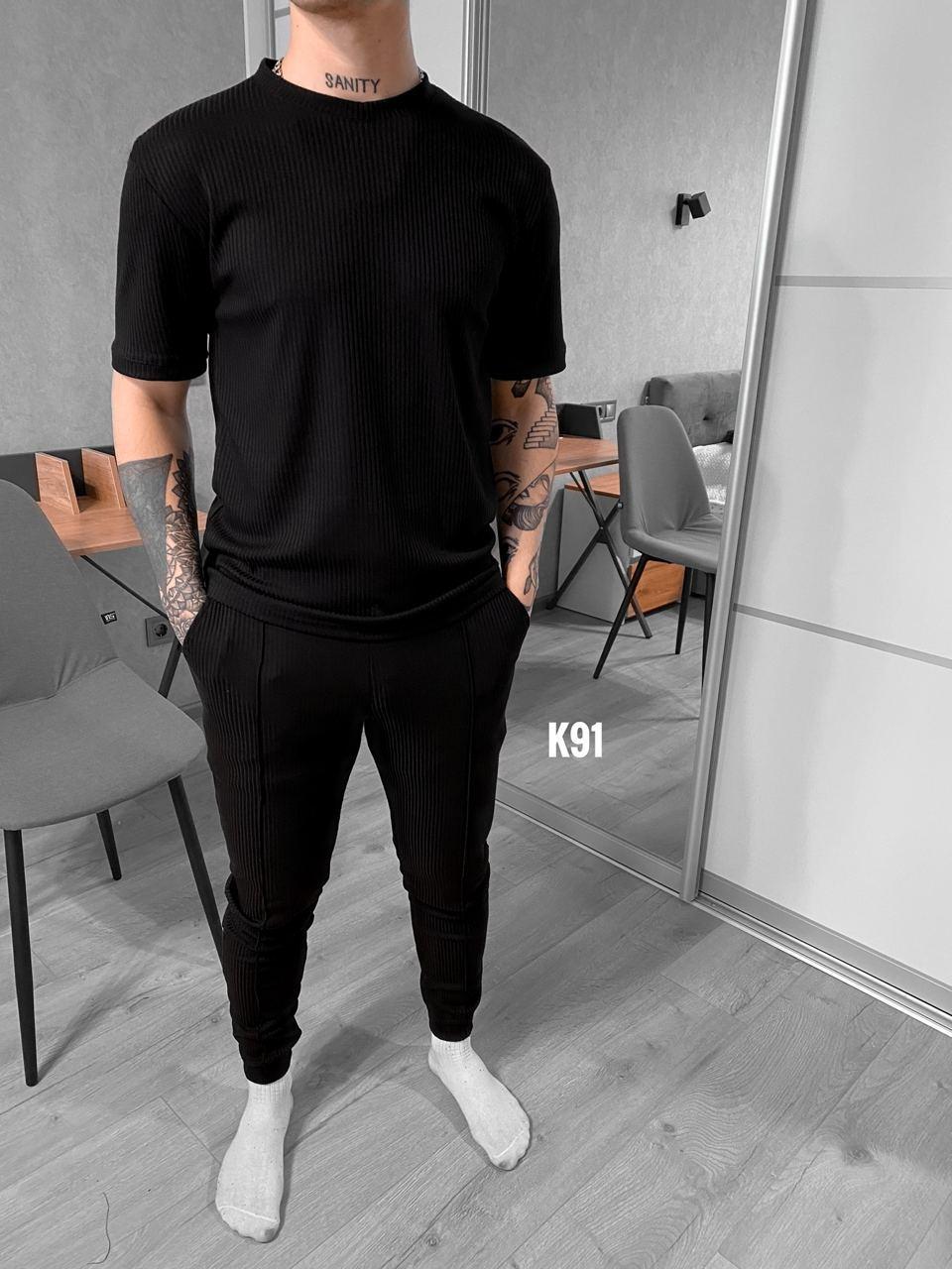 Чоловічий базовий костюм: футболка + штани (чорний) K91 якісний повсякденний спортивний одяг для хлопців top, фото 1