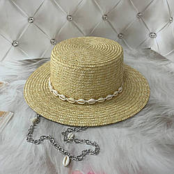 Літній солом'яний капелюх канотьє з ланцюгом та мушлями PALMA (поля 7 см, срібло)