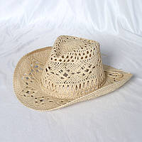 Летняя плетеная шляпа федора Ковбойка с узорами бежевая