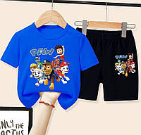 Детский летний костюм двойка Щенячий патруль для мальчиков, синяя футболка и черные шорты на лето