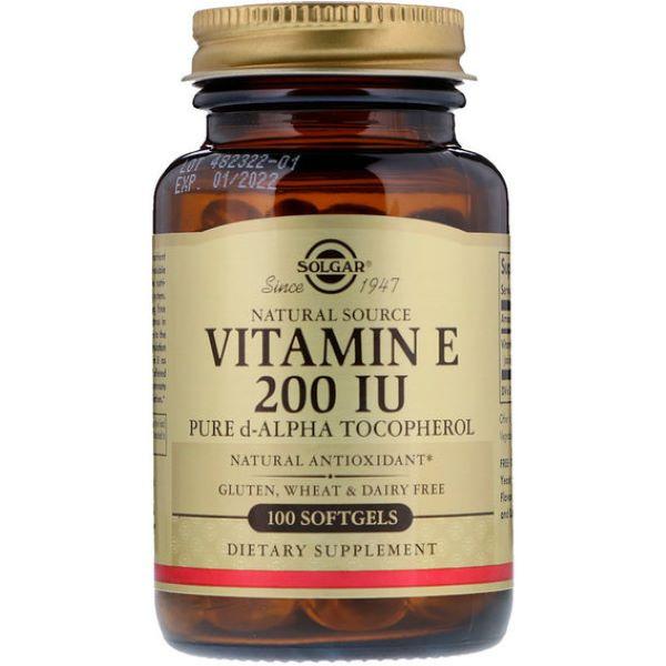 Вітамін E чистий токоферол Solgar Natural Vitamin E, 200 IU, Pure d-Alpha Tocopherol, 100 Softgels