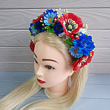 Український вінок на голову з маками, волошки, шипшиною та весняною зеленню., фото 3