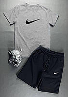 Мужской летний спортивный костюм Nike серый , Серый комплект на лето Шорты и Футболка с большим лого trek