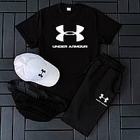 Мужской летний спортивный костюм Under Armour черный 4в1, Комплект летний Шорты + Футболка + Бейсболка + trek