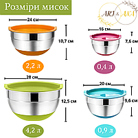 Набір металевих мисок Cooking House з силіконовим дном і кришкою — 4 шт (28-16см), фото 3
