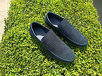 Мокасины мужские 41 размер кожаные туфли с перфорацией синие макасины летние слипоны в дырочку на резинке