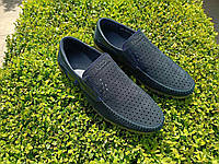 Мокасины мужские 45 размер кожаные туфли с перфорацией синие макасины летние слипоны в дырочку на резинке
