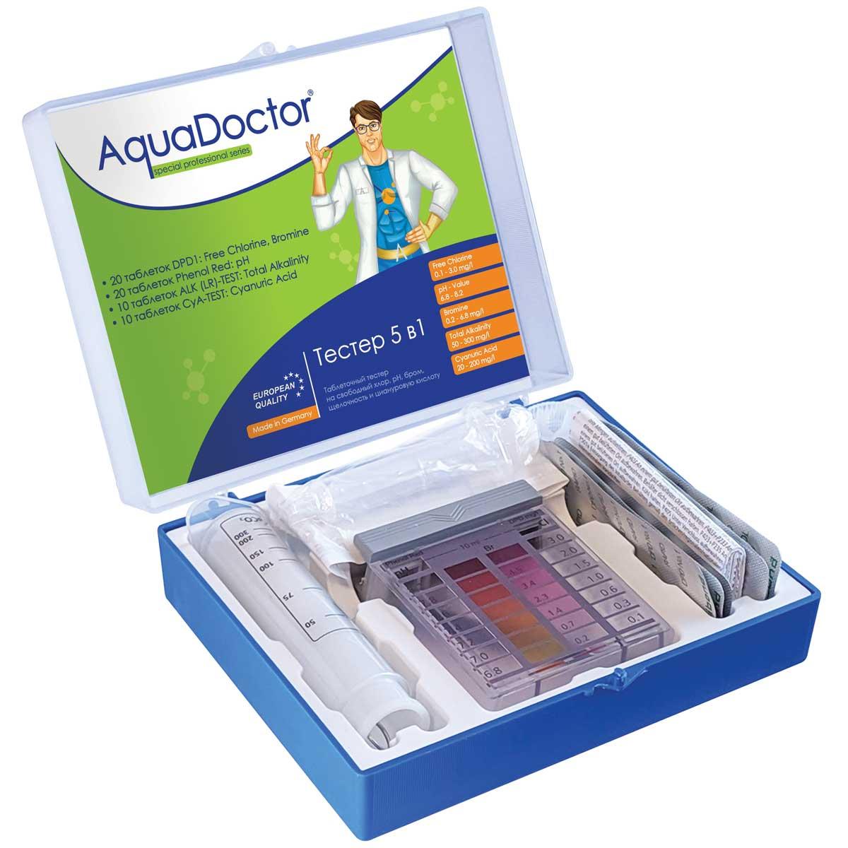 Тестер таблетковий AquaDoctor 5 в1 для вимірювання pH, CL, Br, Cy, Alk 20 тестів Німеччина