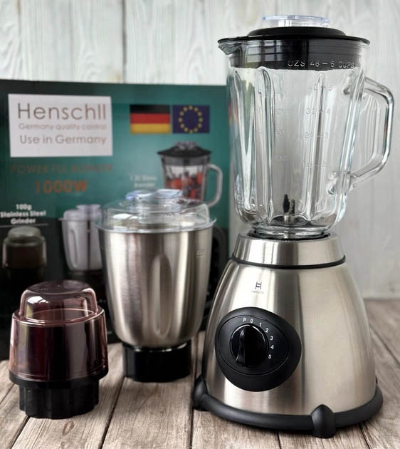 Блендер стаціонарний 3 в 1 Henschll HS-8890 з чашею 1.5л, кавомолка, подрібнювач, м'ясорубка 1000 Вт