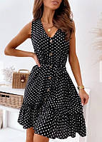 Женское модное стильное красивое летнее платье сарафан на пуговицах в мелкий горошек черное голубое 2024