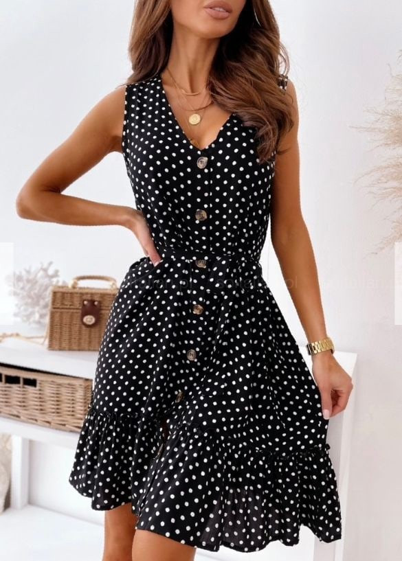 Жіноче модне стильне красиве літнє плаття сарафан на ґудзиках у дрібний горошок чорне біле блакитне 2023