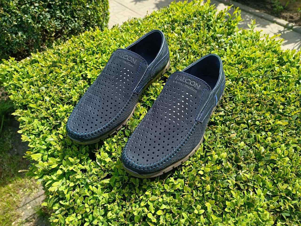 Мокасины мужские 42 размер кожаные туфли с перфорацией синие макасины летние слипоны в дырочку на резинке - фото 9 - id-p1853734088