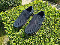 Мокасины мужские 41 размер кожаные туфли с перфорацией синие макасины летние слипоны в дырочку на резинке