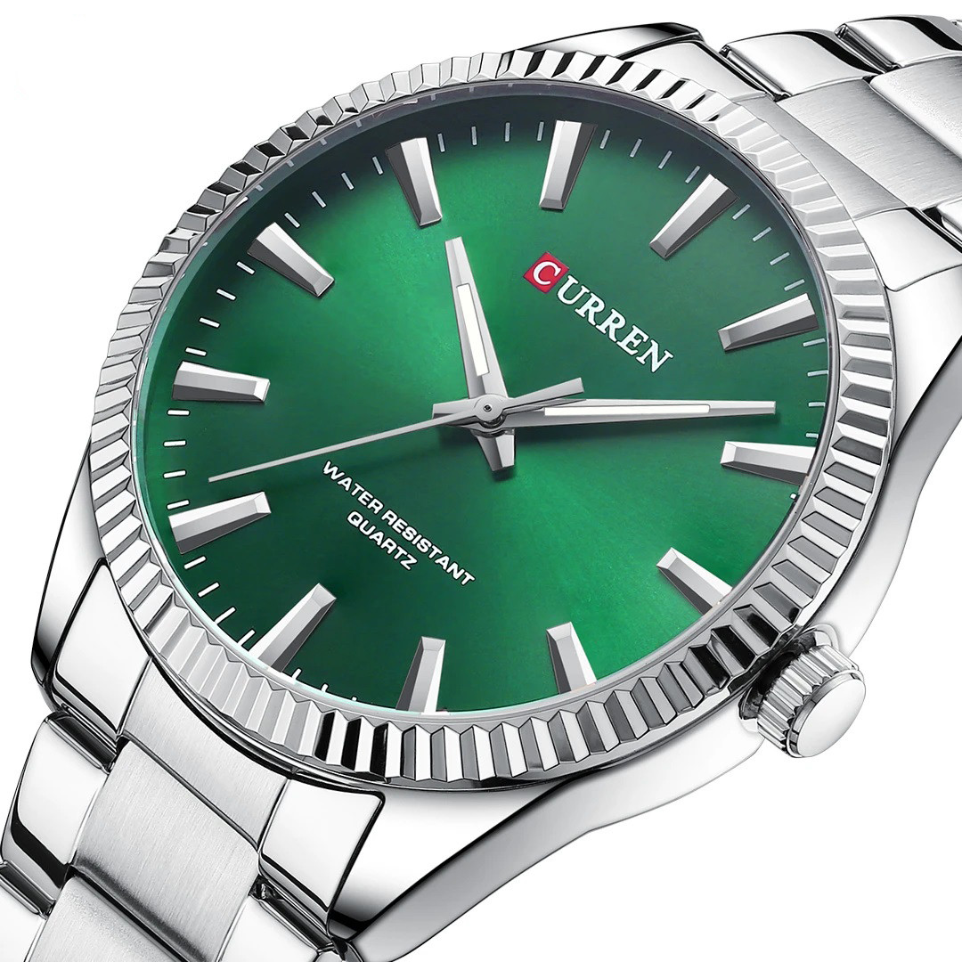 Чоловічий наручний годинник Curren Graf класичний механічний кварцовий срібний з зеленим циферблатом
