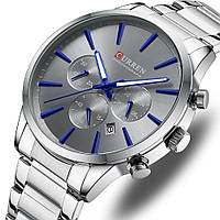 Мужские наручные часы Curren Chronograph классические механические кварцевые серебристые с серым циферблатом