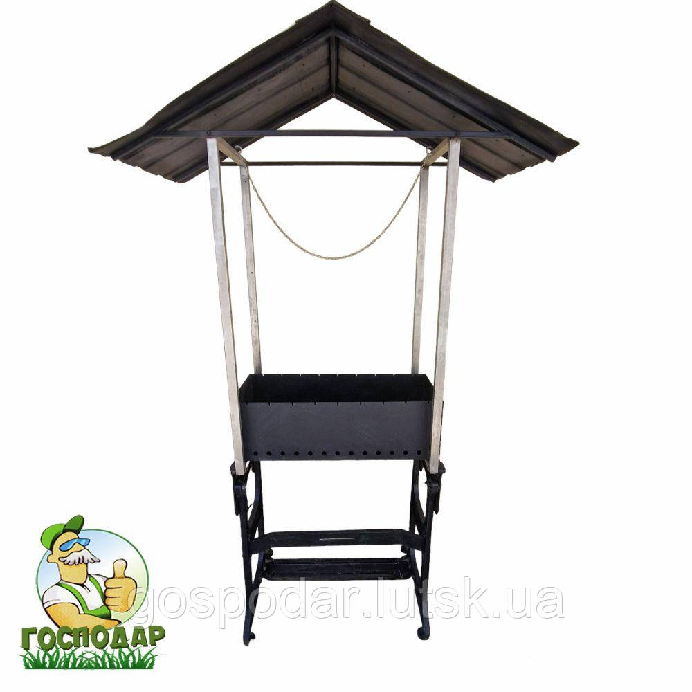 Садовий мангал з міцною чавунною основою та дахом на 9 шомпурів та кріпленням для казана, фото 1